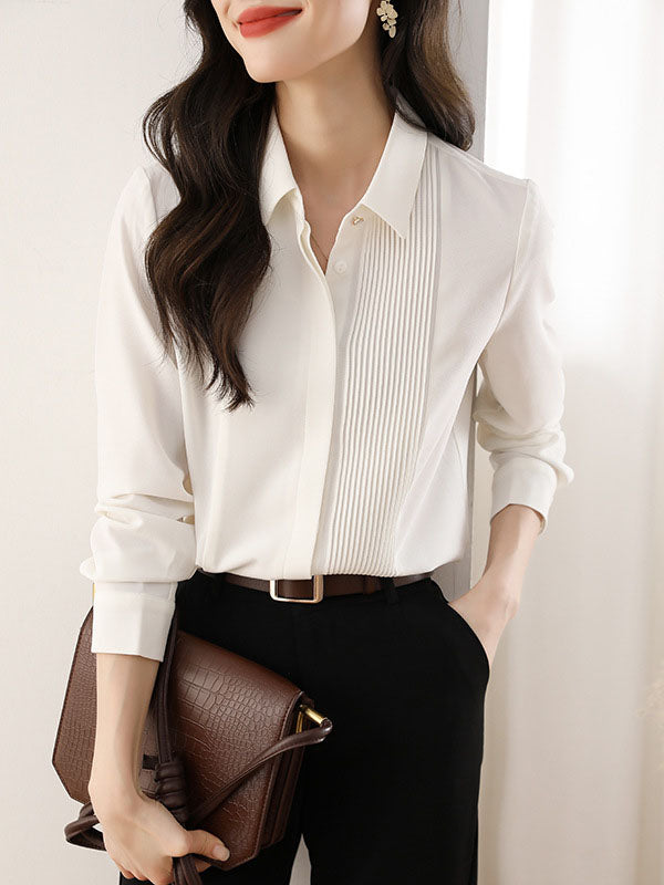 Buttoned Pleated Solid Color Long Sleeves Loose Lapel Blouses&Shirts Tops