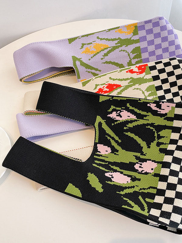 Checkerboard Floral Printed Woven Handbag Bags Accessories