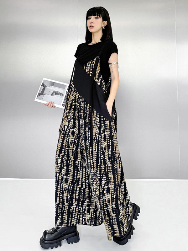 Asymmetric Contrast Color Printed Split-Joint Loose Sleeveless Spaghetti-Neck Overalls