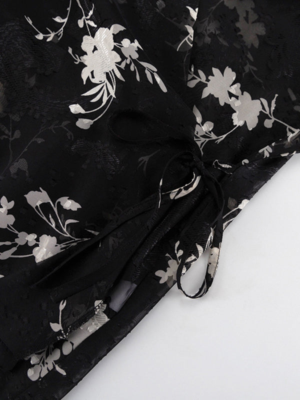 Gauze Jacquard Lace-Up Pleated See-Through Loose Puff Sleeves V-Neck Blouses&Shirts Tops