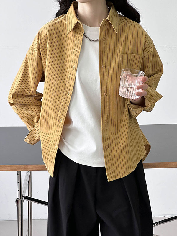 Buttoned Pockets Striped Long Sleeves Loose Lapel Blouses&Shirts Tops
