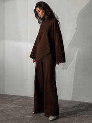 Casual Solid Color Irregularity High-Neck Sweater& Wide Leg Pants Suits