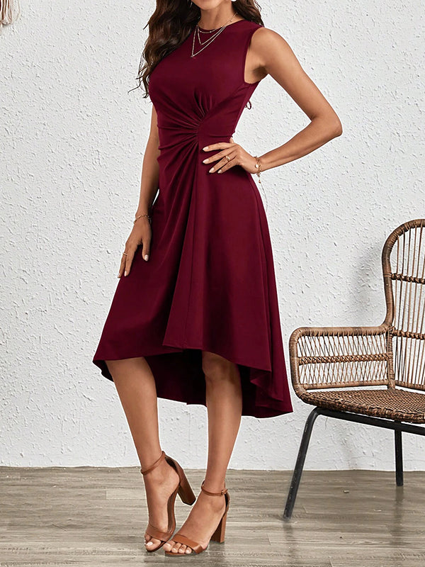 Asymmetric Pleated Solid Color Split-Joint A-Line High Waisted Round-Neck Midi Dresses