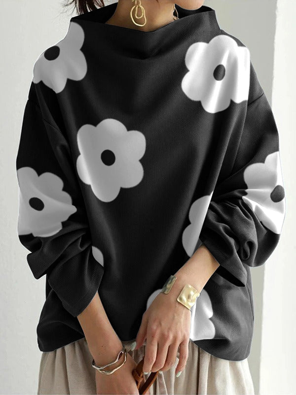 Long Sleeves Loose Contrast Color Printed Stand Collar T-Shirts