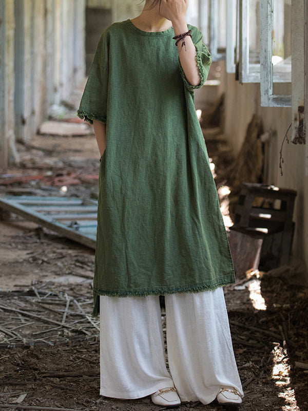 Fringed Solid Color Split-Side Half Sleeves Round-Neck Midi Dresses