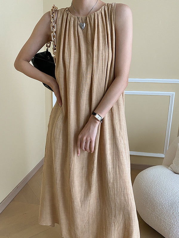 Pleated Solid Color A-Line Loose Round-Neck Midi Dresses
