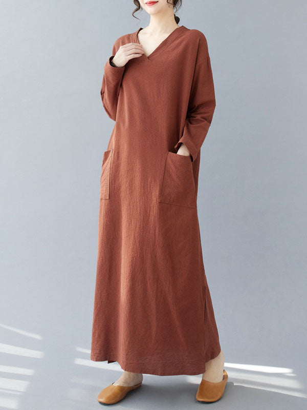 Pockets Solid Color Split-Side A-Line Long Sleeves V-Neck Maxi Dresses