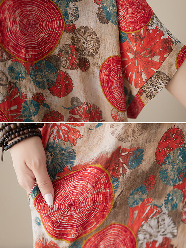 Printed Loose Short Sleeves V-Neck Maxi Dresses