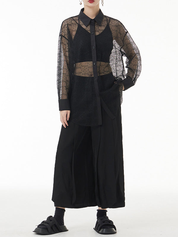 Lacy See-Through Solid Color Long Sleeves Loose Lapel Blouses&shirts Tops