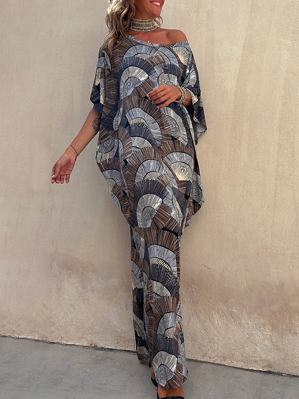 Contrast Color Pleated Printed Batwing Sleeves Maxi Dresses