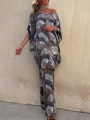 Contrast Color Pleated Printed Batwing Sleeves Maxi Dresses