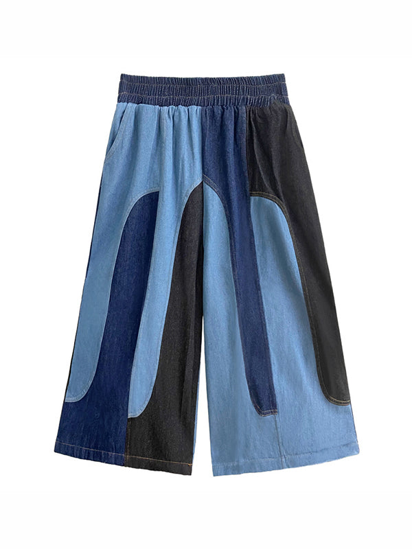 Contrast Color Elasticity Split-Joint Loose Wide Leg Jean Pants Bottoms