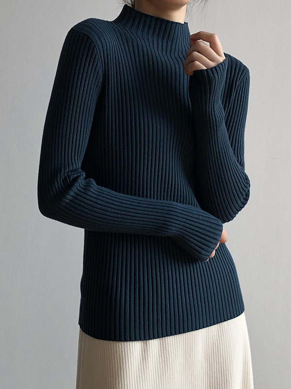 Simple Long Sleeves Skinny Leg Solid Color High-Neck Sweater Tops