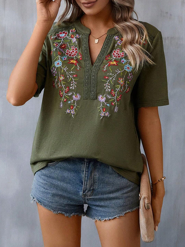 Embroidered Split-Joint Half Sleeves Loose V-Neck T-Shirts Tops