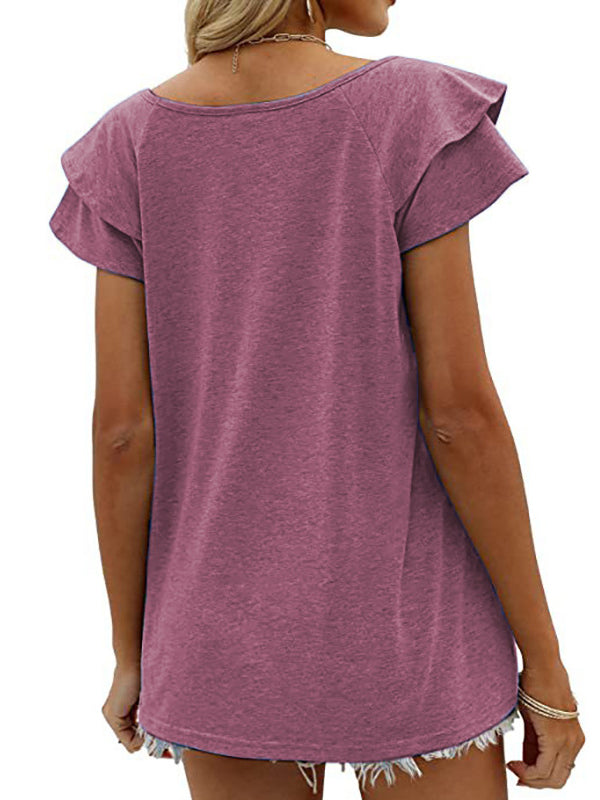 Falbala Solid Color Split-Joint Loose Short Sleeves V-Neck T-Shirts