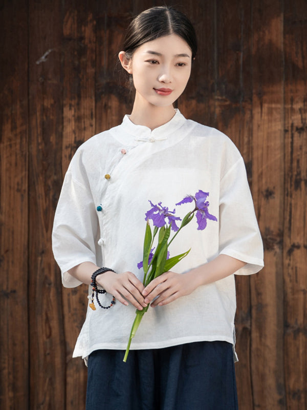 Artistic Retro Loose Half Sleeves Buttoned Contrast Color Stand Collar Blouses&Shirts Tops