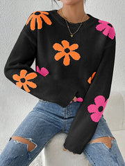 Contrast Color Flower Print Long Sleeves Loose Round-Neck Sweater Tops