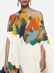 Batwing Sleeves Half Sleeves Abstract Printed Contrast Color Printed One-Shoulder Blouses&Shirts Tops