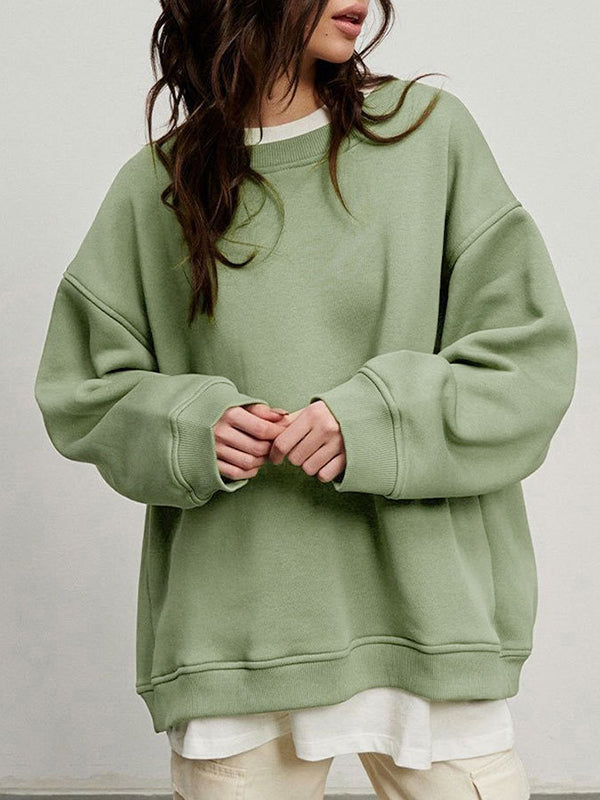 Solid Color Long Sleeves Loose Round-Neck Sweatshirt Tops