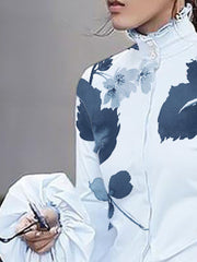 Buttoned Leaves Print Long Sleeves Loose High-Neck Blouses&Shirts Tops