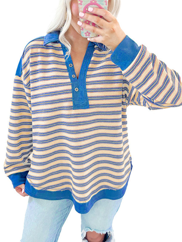 Buttoned Contrast Color Split-Joint Striped Long Sleeves Loose V-neck Sweatshirt Tops