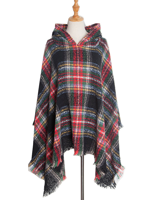 Fringed Hooded Keep Warm Plaid Shawl&Cloak Cape