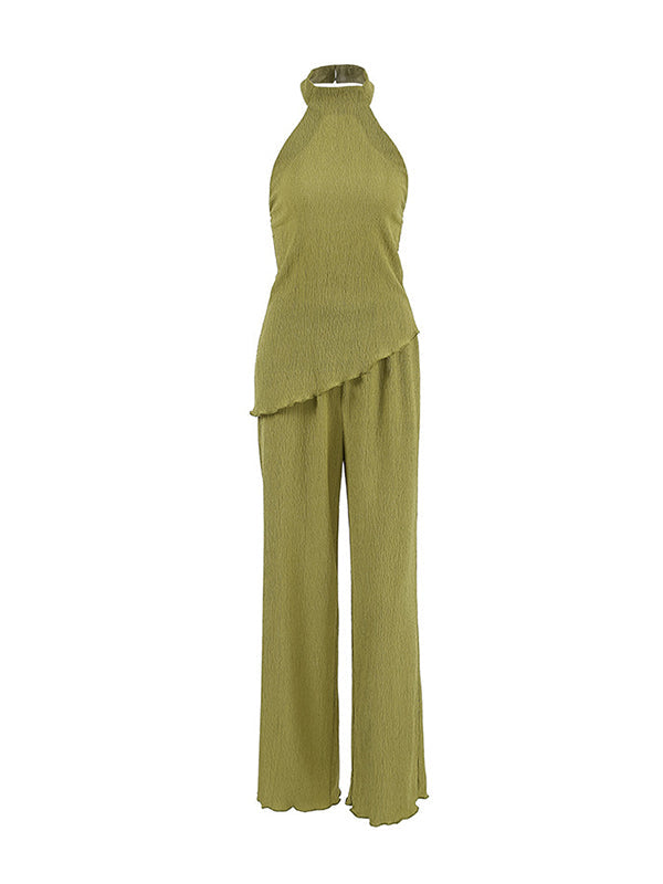 Solid Color Loose Pleated Halter-Neck Vest Top + High Waisted Pants Bottom Two Pieces Set