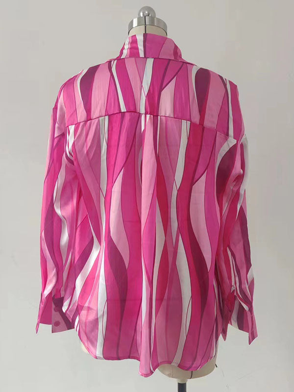 Contrast Color Striped Long Sleeves Loose Lapel Blouses