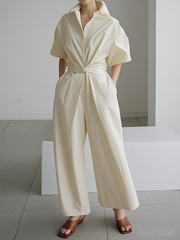 Solid Color Tied Waist Half Sleeves Loose Lapel Jumpsuits