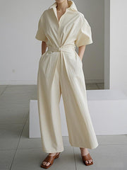 Solid Color Tied Waist Half Sleeves Loose Lapel Jumpsuits
