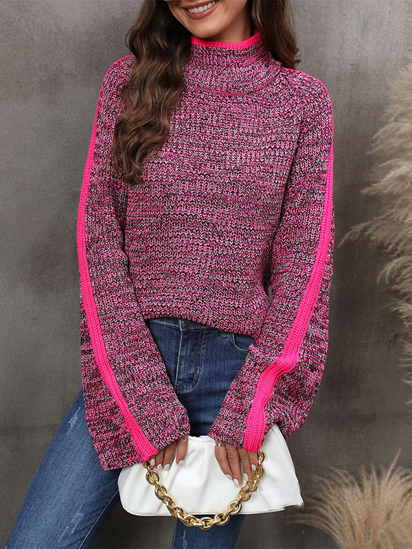 Casual Long Sleeves Loose Contrast Color Half Turtleneck Sweater Tops