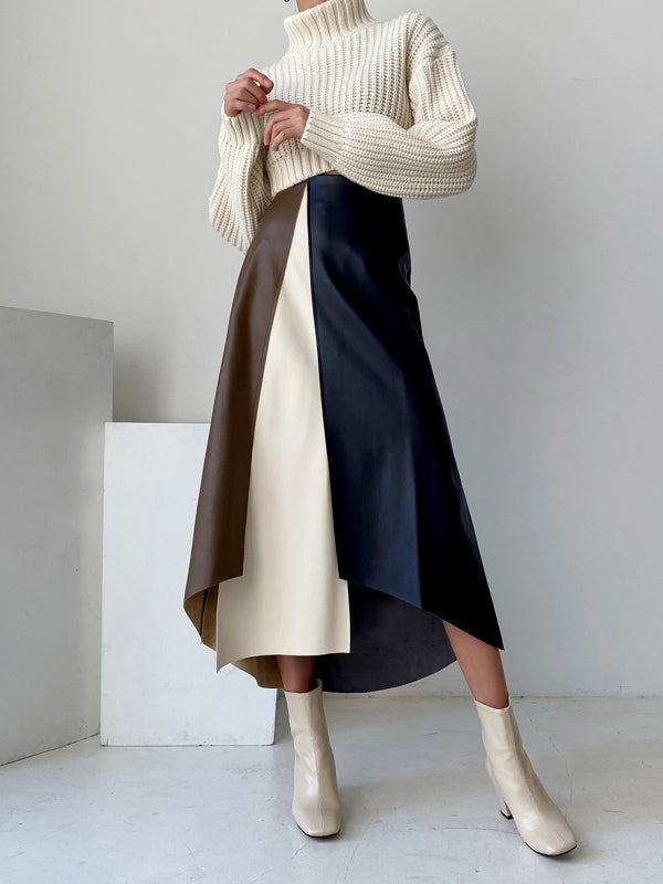 Asymmetric Contrast Color Split-Front A-Line High Waisted Skirts Bottoms
