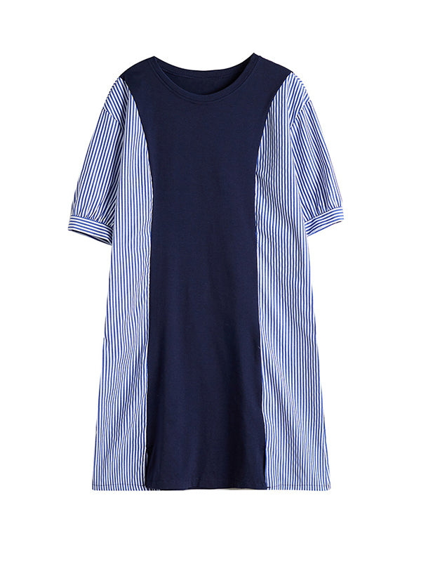 Split-Joint Striped Loose Short Sleeves Round-neck Midi Dresses