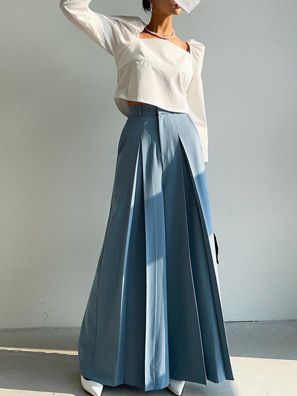 Pleated Solid Color High Waisted Wide Leg Trousers Casual Pants Bottoms