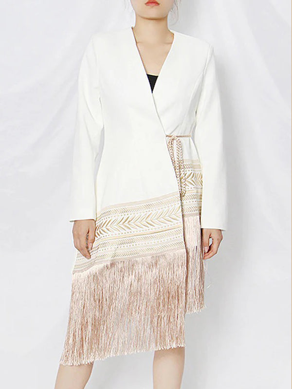 Asymmetric Embroidered Split-Joint Tasseled Tied Long Sleeves Loose V-Neck Outerwear Blazer