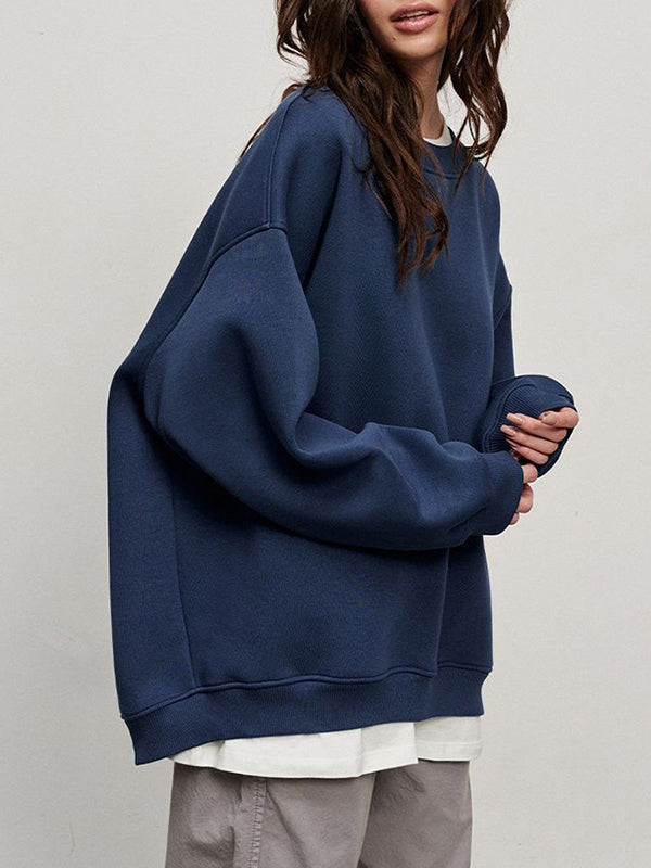 Solid Color Long Sleeves Loose Round-Neck Sweatshirt Tops