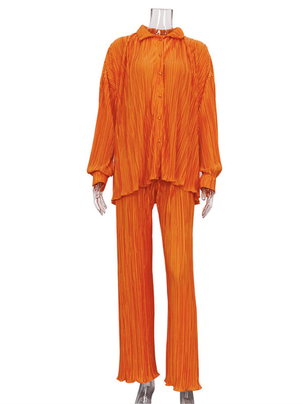 Loose Solid Color Pleated Blouse&Wide Legs Pants 2 Pieces Set