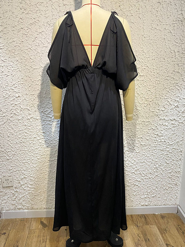 Solid Color Split-front Batwing Sleeves Loose Deep V-Neck Maxi Dresses