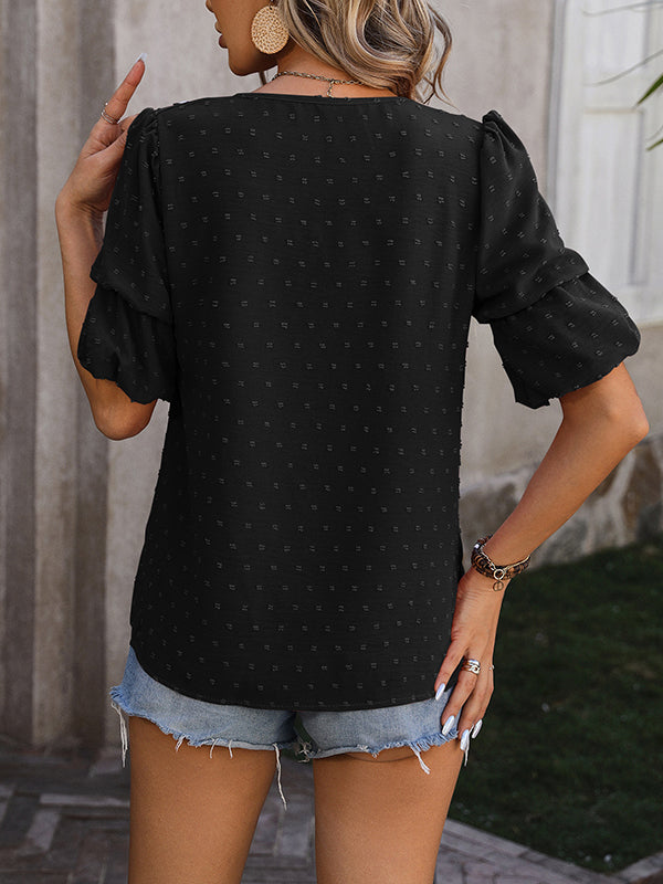 Jacquard Solid Color Puff Sleeves Wrap V-Neck T-Shirts Tops