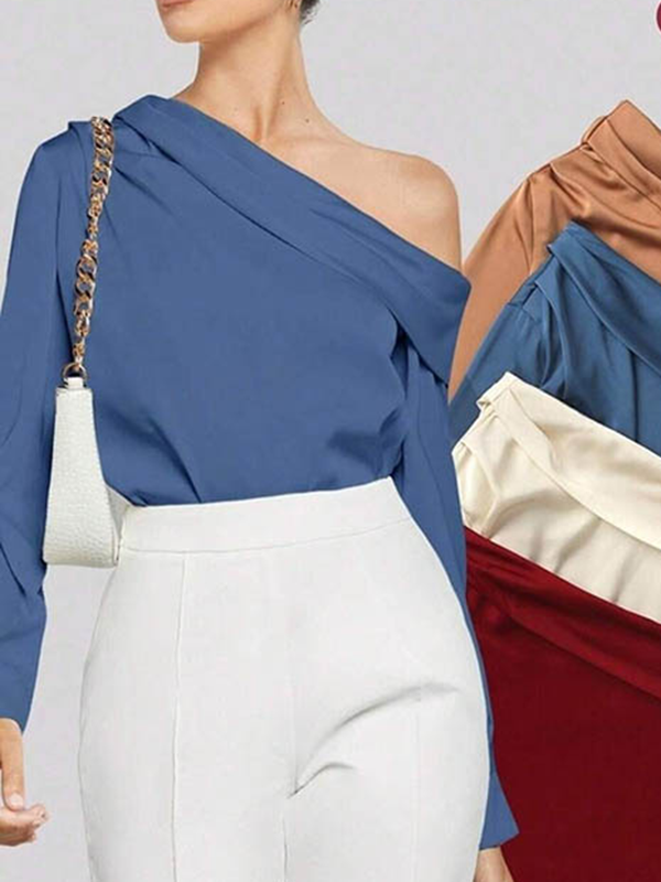 Pleated Solid Color Split-Joint Long Sleeves Skinny One-Shoulder Blouses&Shirts Tops