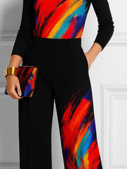 Contrast Color Pockets Printed Wide Leg Trousers Pants