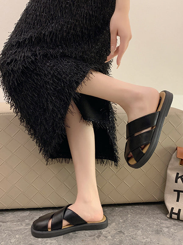 Hollow Round-Toe Split-Joint Slippers&Mules