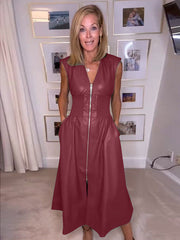 Pockets Solid Color Split-Joint Zipper A-line Elasticated Waist V-neck Midi Dresses