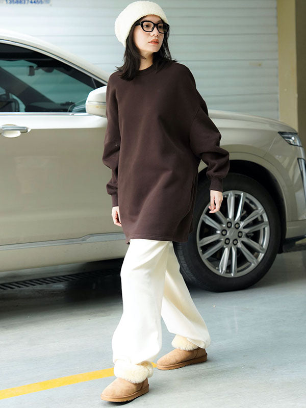 Casual Long Sleeves Loose Velvet Solid Color Round-Neck Sweatshirt Tops