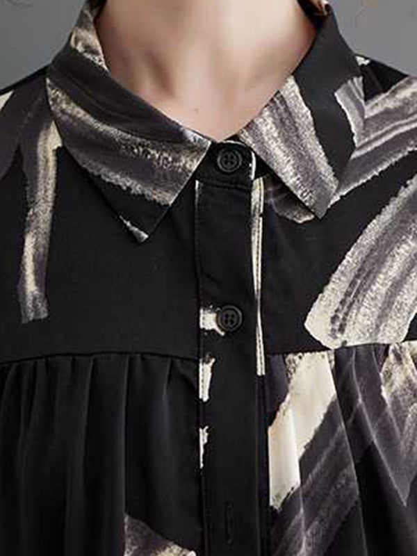 Pleated Printed Split-Joint Long Sleeves Loose Lapel Blouses