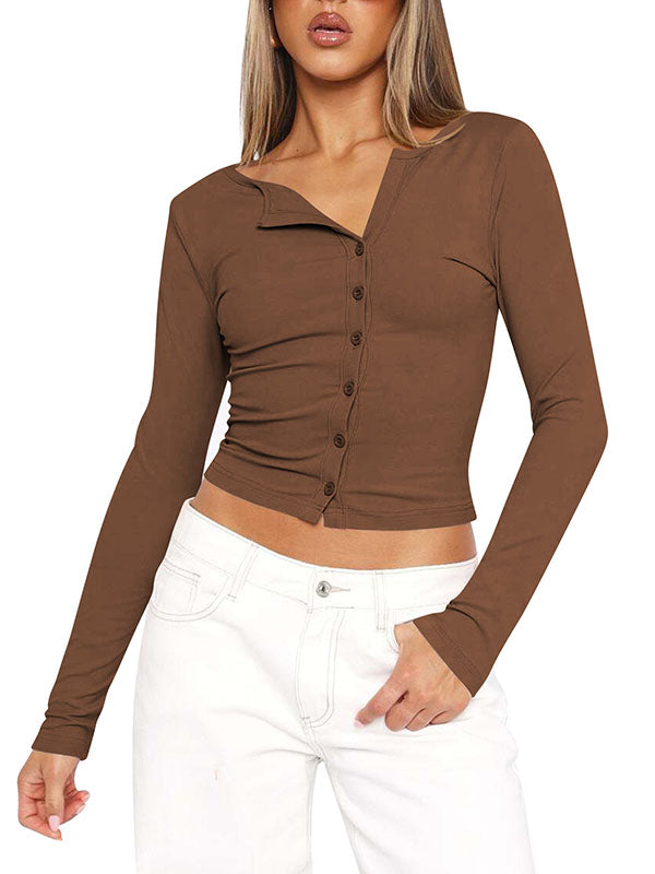 Solid Color Split-Joint Long Sleeves Skinny Round-neck T-Shirts Tops