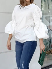 Hollow Solid Color Long Sleeves Puff Sleeves Round-neck T-shirts