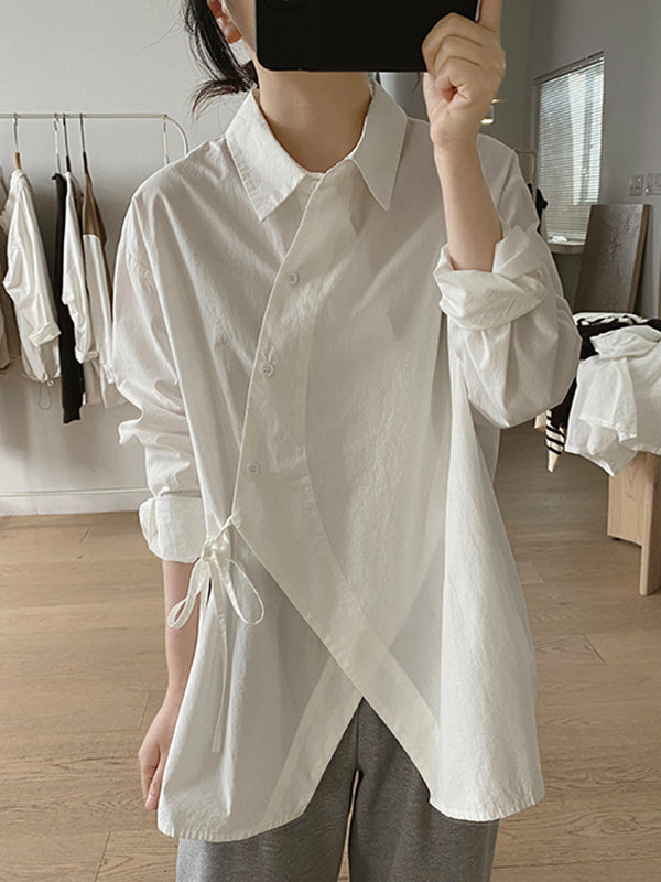 Lace-Up Solid Color Irregular Clipping Long Sleeves Lapel Blouses