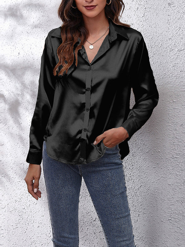 Solid Color Long Sleeves Loose Lapel Blouses