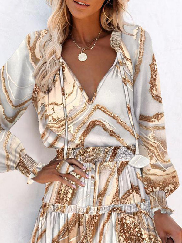 Contrast Color Pleated Split-Joint Tied A-Line Long Sleeves V-Neck Mini Dresses